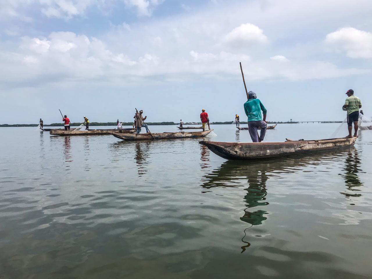 fishermen in canoes in marshes