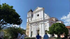 Church in the main plaza of small town Colombia Santa Fe de Antioquia.