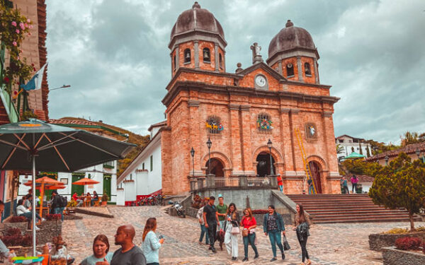 Church in the central plaza of a small Colombian town