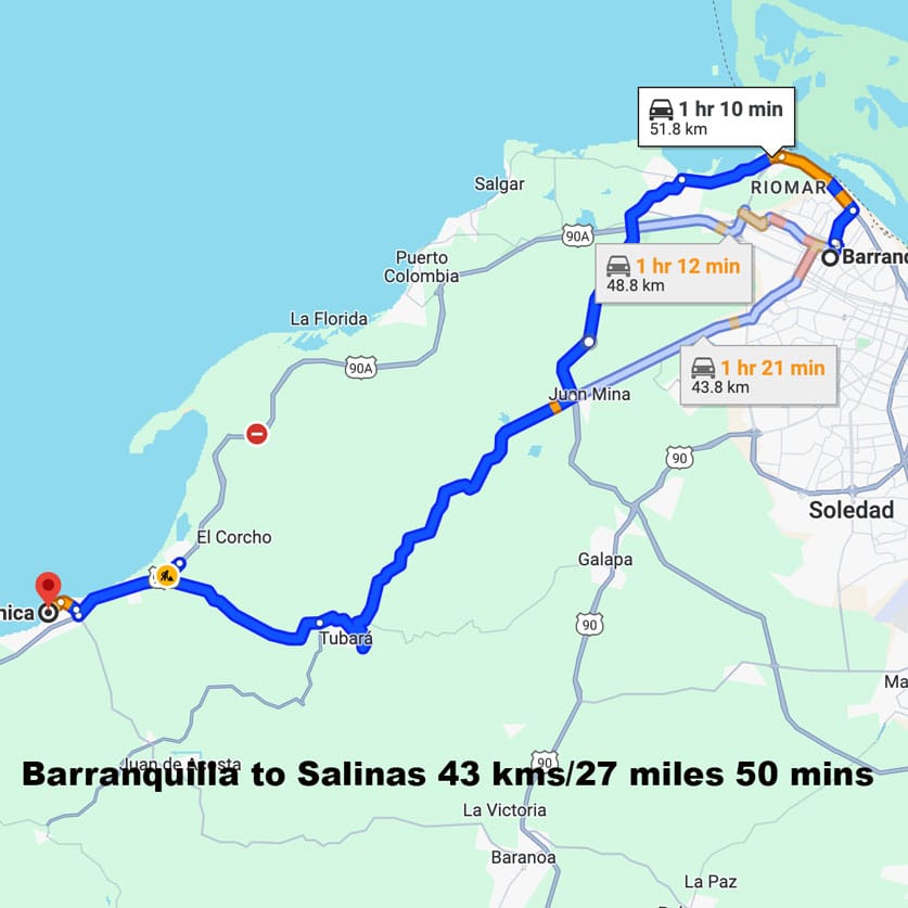 Road map from Barranquilla to Salinas del Rey, Colombia
