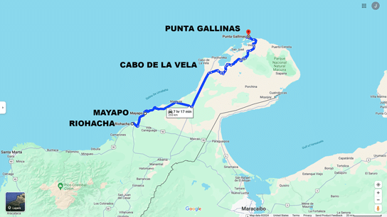 Road map from Riohacha to Punta Gallinas, Colombia