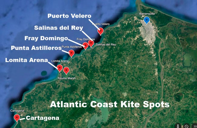Map of Atlantic kitesurfing Colombia