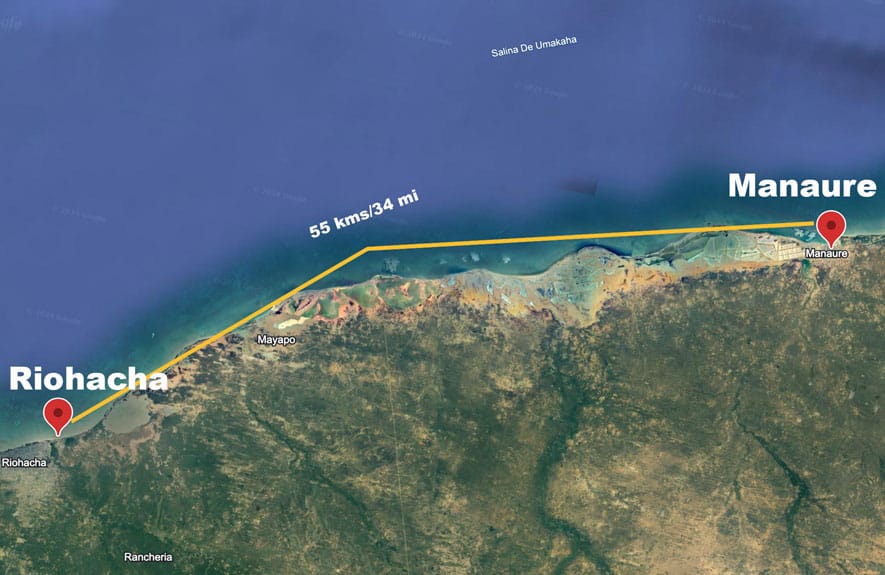 Map of Colombia's Caribbean coastline between Manaure and Riohacha