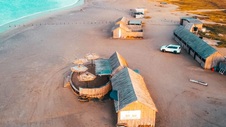 Drone shot of a hostal in the Guajira Desert kitesurf downwinders Colombia